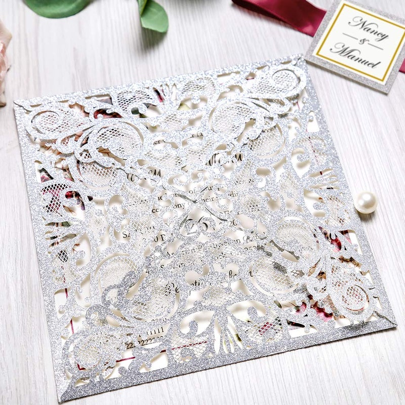 DreamBuilt 6.3 X 6.3 Inch 50PCS Blank Silver Glitter Laser Cut Wedding Invitations With Envelopes Hollow Rose Pocket With Burgundy Ribbon Belly Band Wedding Invitation Cards For Wedding Invite - Image 3
